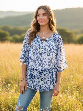 Robert Louis M Poncho Top Blue White SS flowy Boho Office Chic Coastal Western